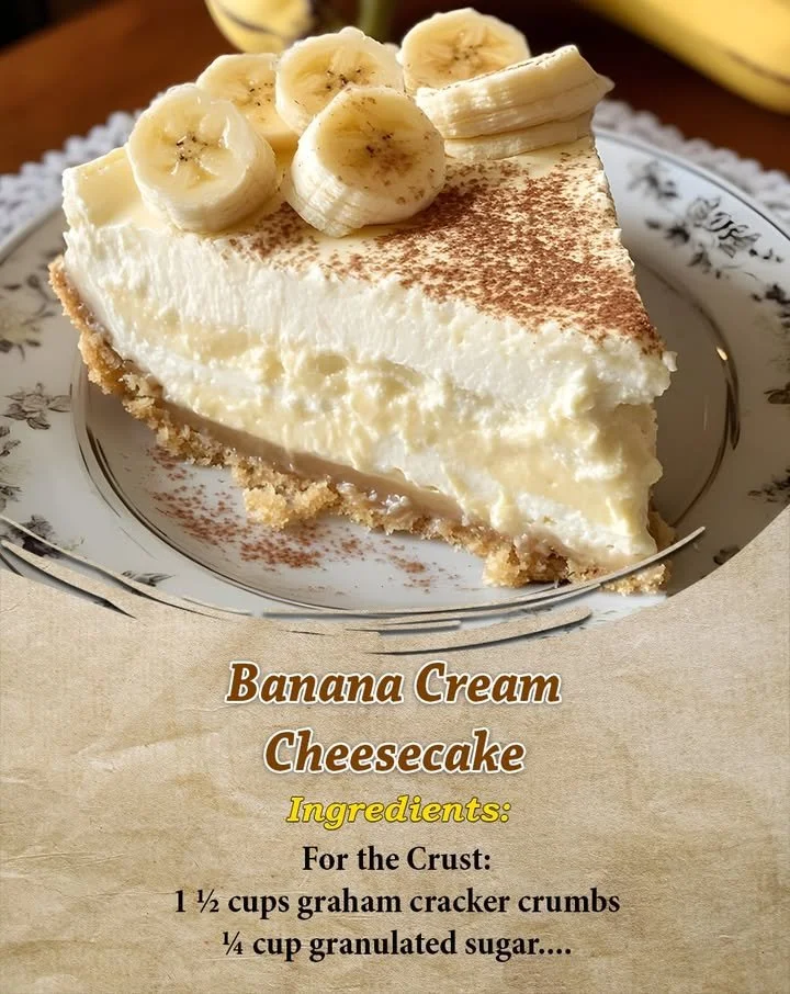 Slice of delicious Banana Cream Cheesecake topped with banana slices and whipped cream
