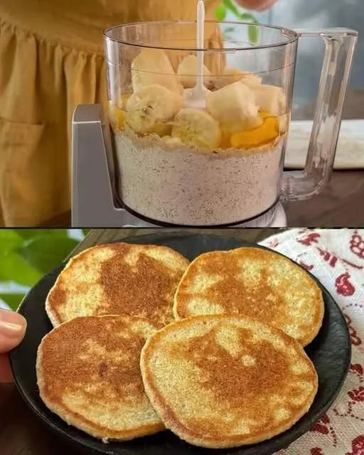 Delicious banana oatmeal pancakes stacked on a plate topped with fresh banana slices and syrup