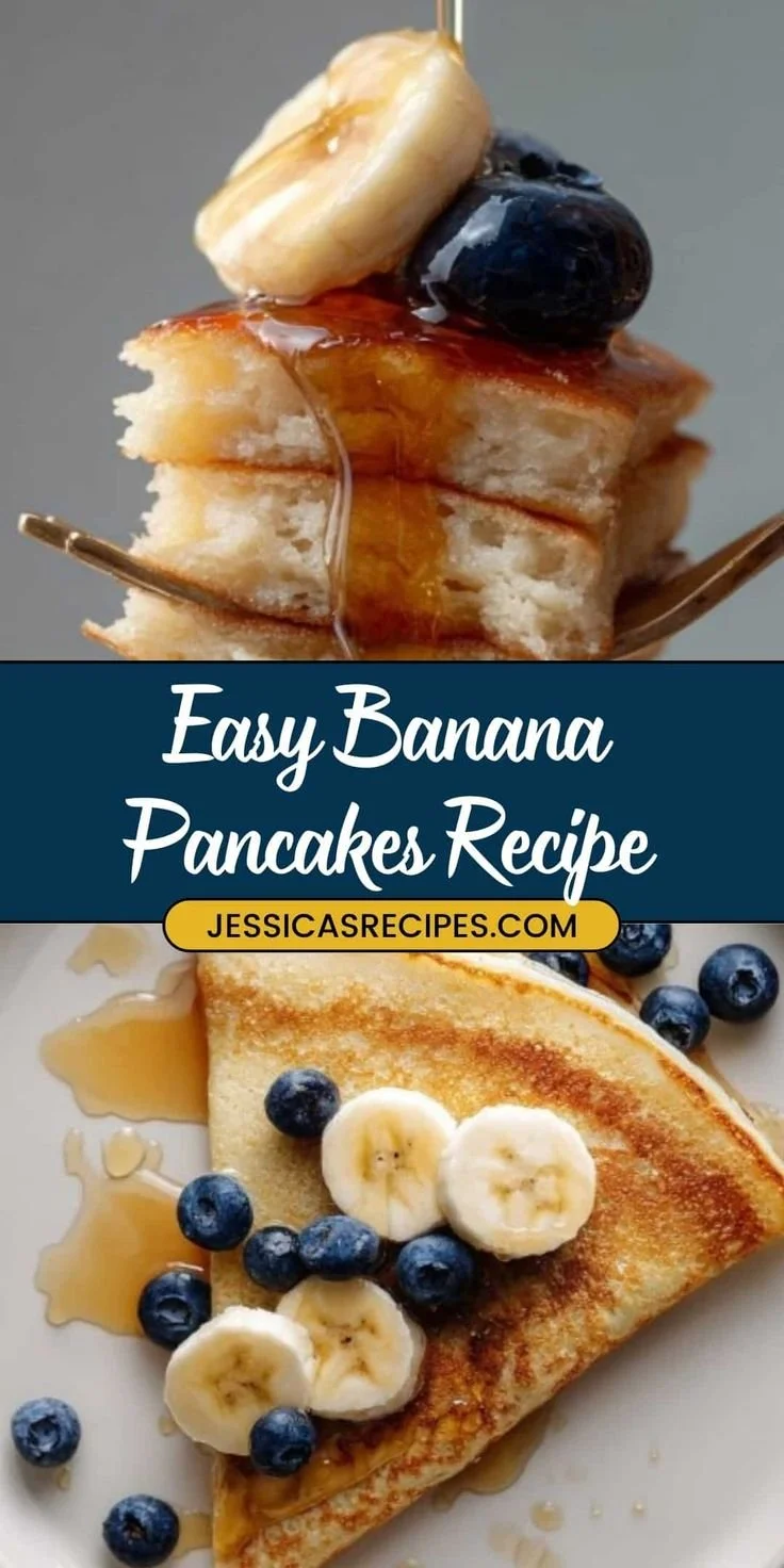 Fluffy banana pancakes served with maple syrup and fresh banana slices