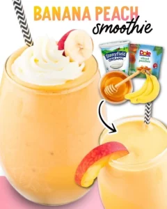 Banana Peach Smoothie in a glass with fresh fruits