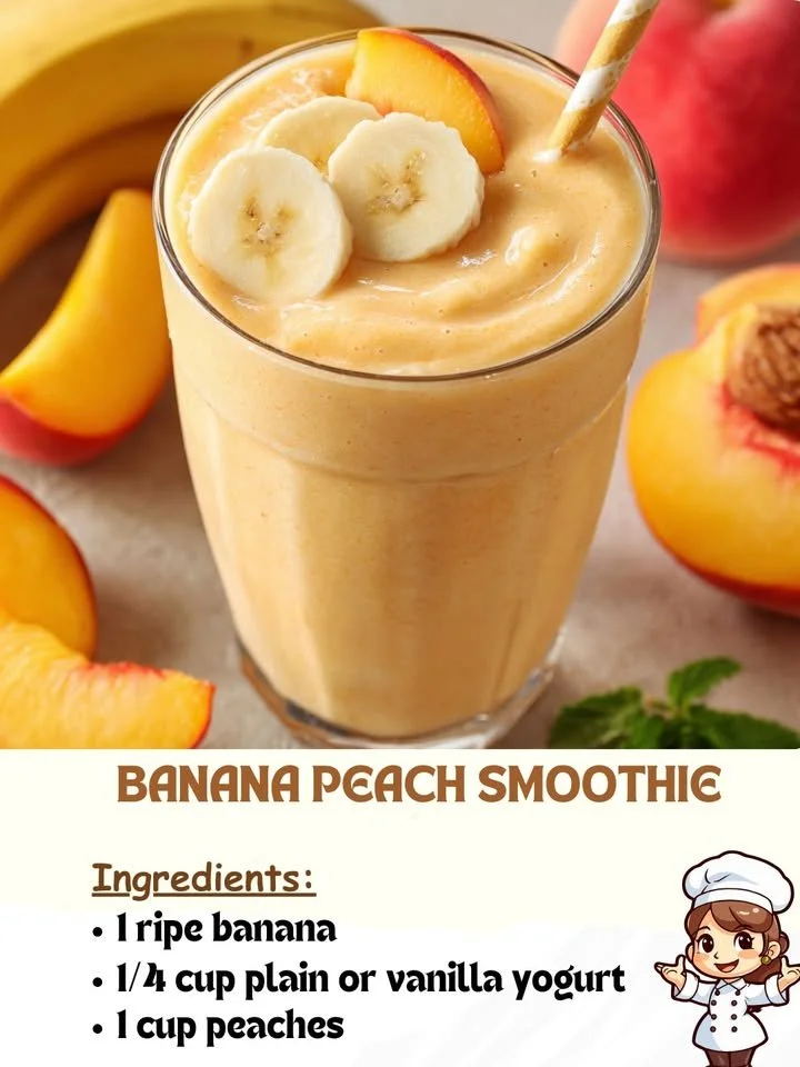 Delicious banana peach smoothie served in a glass with fresh fruit