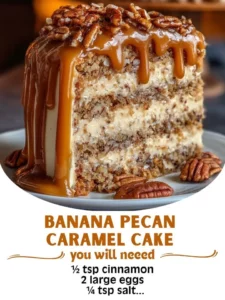 A slice of Banana Pecan Caramel Cake with nuts and caramel drizzle on a white plate