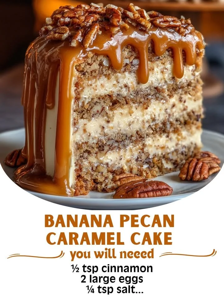 A slice of Banana Pecan Caramel Cake with nuts and caramel drizzle on a white plate