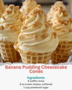 Banana Pudding Cheesecake Cones served in waffle cones with creamy filling
