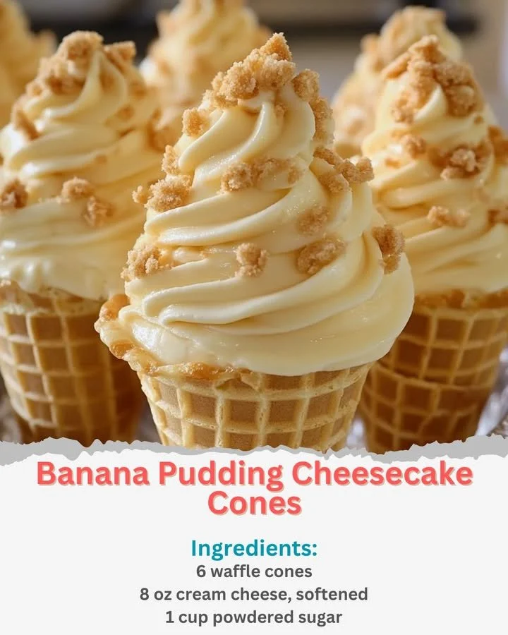 Banana Pudding Cheesecake Cones served in waffle cones with creamy filling
