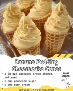 Banana pudding cheesecake cones topped with whipped cream and banana slices