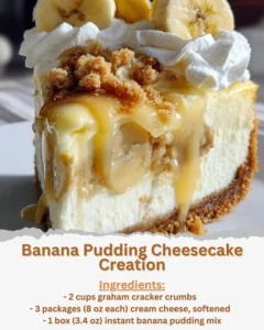 Delicious Banana Pudding Cheesecake topped with creamy banana slices and whipped cream.