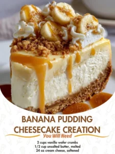 Delicious banana pudding cheesecake topped with banana slices and whipped cream