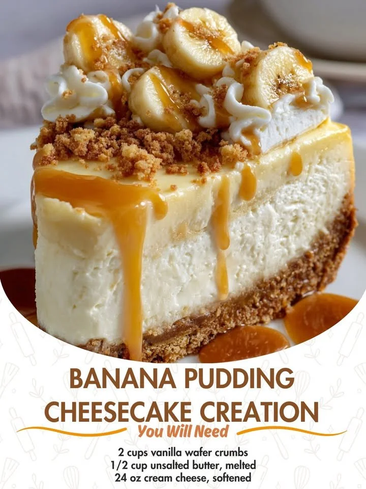 Delicious banana pudding cheesecake topped with banana slices and whipped cream