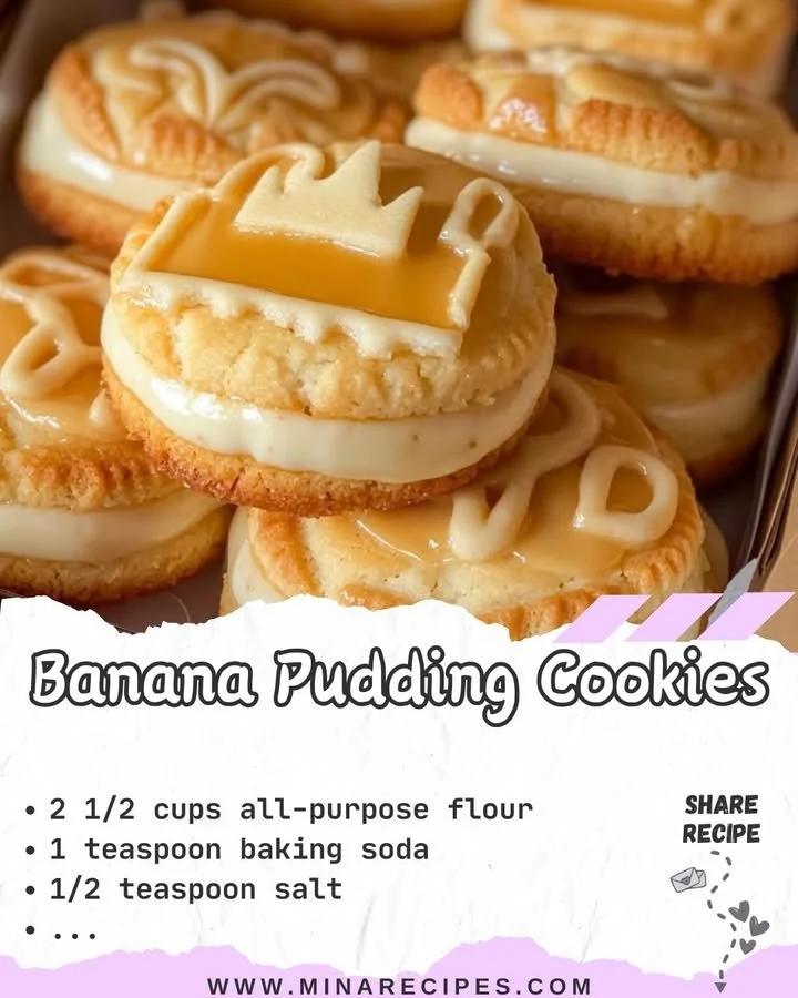 Plate of freshly baked banana pudding cookies with banana slices and whipped cream