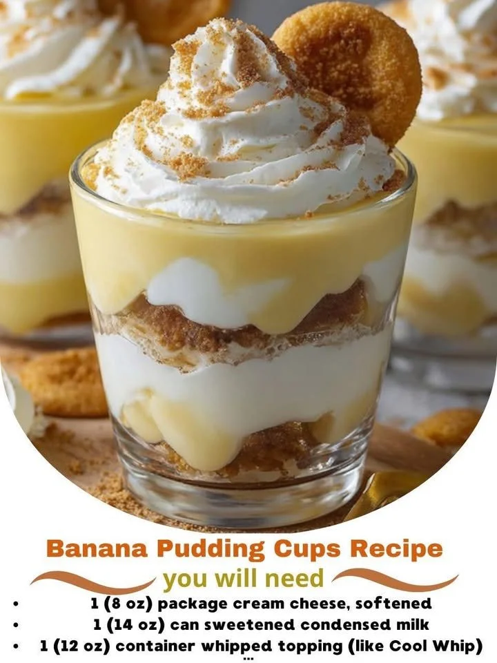 Delicious banana pudding cups layered with vanilla wafers and banana slices.