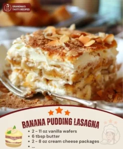 Deliciously layered Banana Pudding Lasagna topped with whipped cream and banana slices