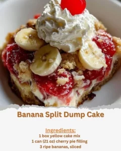 Delicious Banana Split Dump Cake topped with fruits and whipped cream