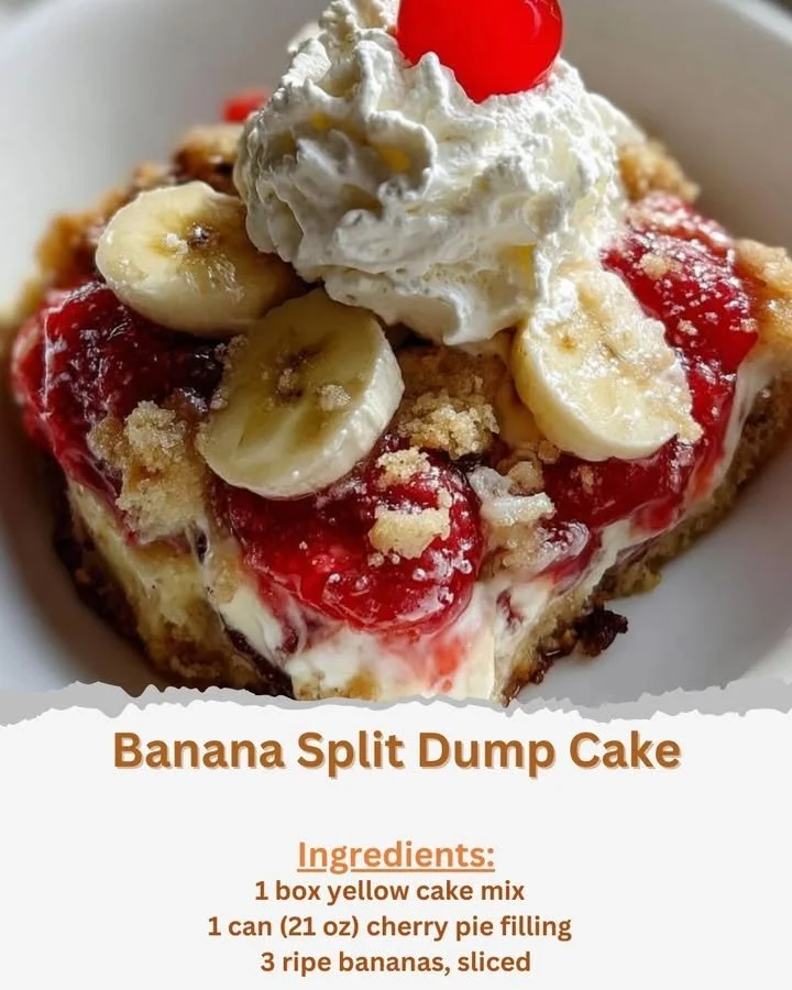 Delicious Banana Split Dump Cake topped with fruits and whipped cream