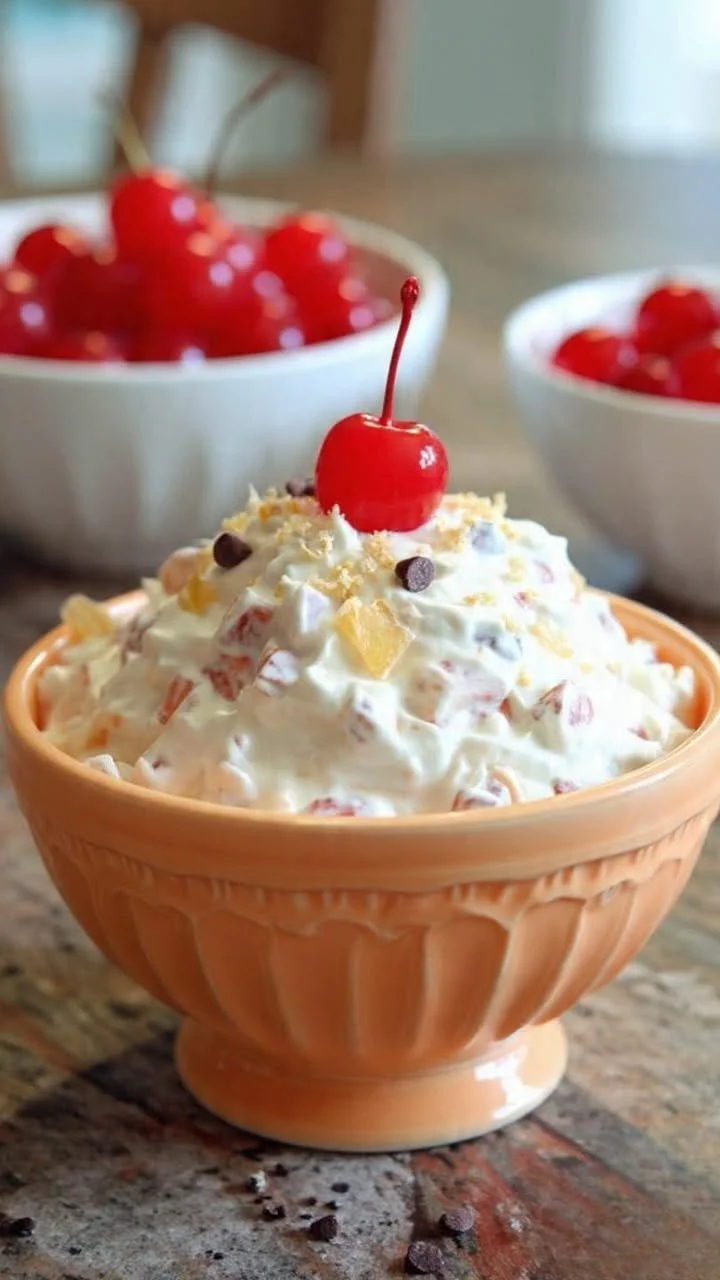 A delicious bowl of Banana Split Fluff Salad with whipped cream and fruit toppings.