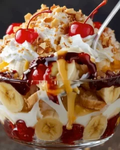 Delicious Banana Split Trifle dessert layered with bananas, cream, and chocolate