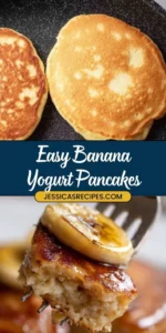 Fluffy banana yogurt pancakes stacked on a plate with fresh bananas and syrup