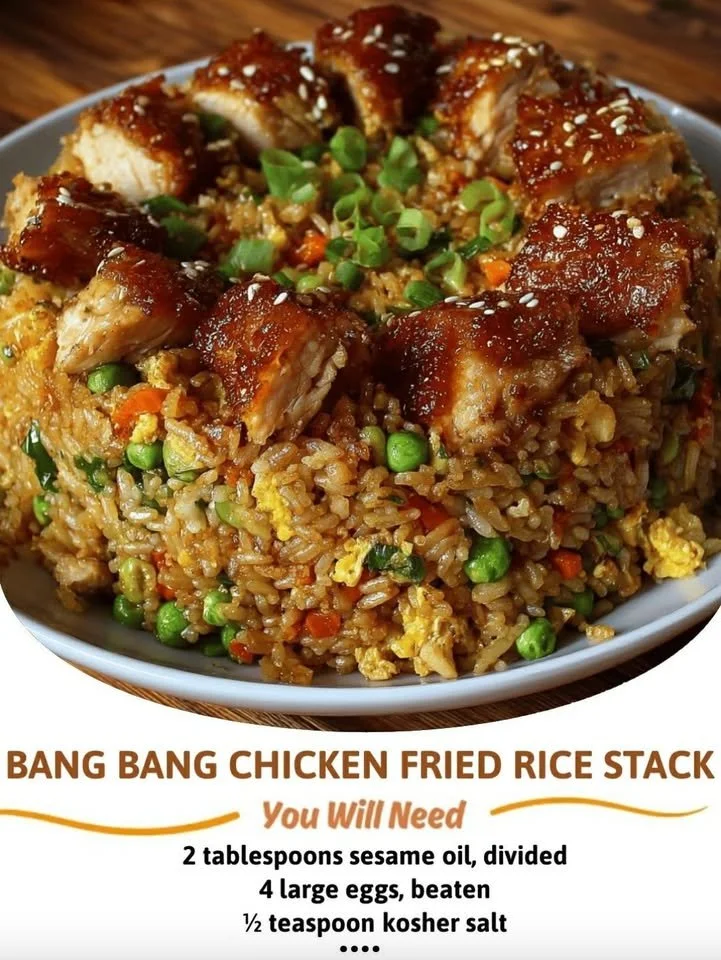 A plate of Bang Bang Chicken Fried Rice, showcasing vibrant colors and textures.
