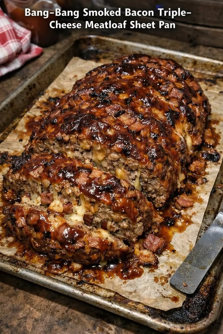 Bang-Bang Smoked Bacon Triple-Cheese Meatloaf on a sheet pan