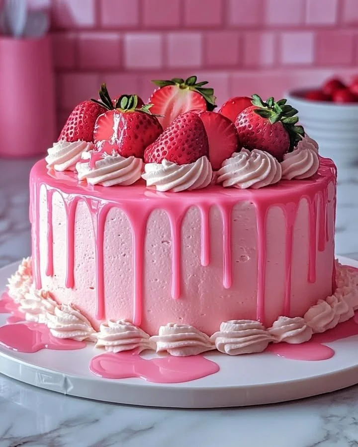 Barbie Pink Strawberry Cake with Strawberry Cream Cheese Icing - a delightful dessert.