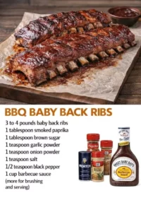 Delicious BBQ Baby Back Ribs served on a platter with sauce and garnishes.