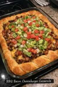 Delicious BBQ Bacon Cheeseburger Casserole topped with crispy bacon.
