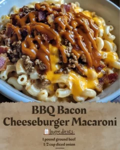 Delicious BBQ Bacon Cheeseburger macaroni topped with crispy bacon and melted cheese
