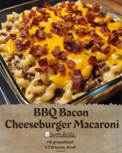 BBQ Bacon Cheeseburger Macaroni with bacon, hamburger, and cheese topping