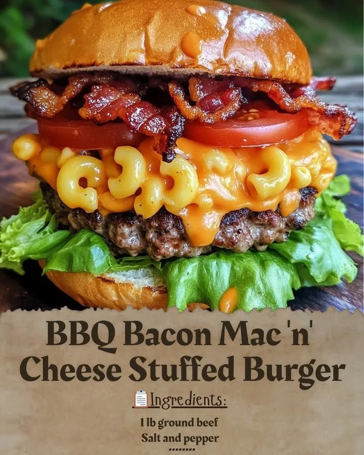 BBQ Bacon Mac 'n' Cheese Stuffed Burger on a plate with toppings