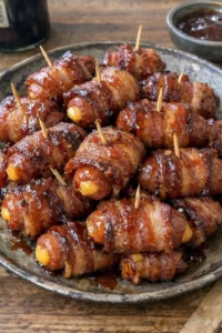 BBQ bacon-wrapped cheddar sausage bites on a platter
