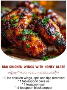 BBQ chicken wings drizzled with honey glaze on a serving platter
