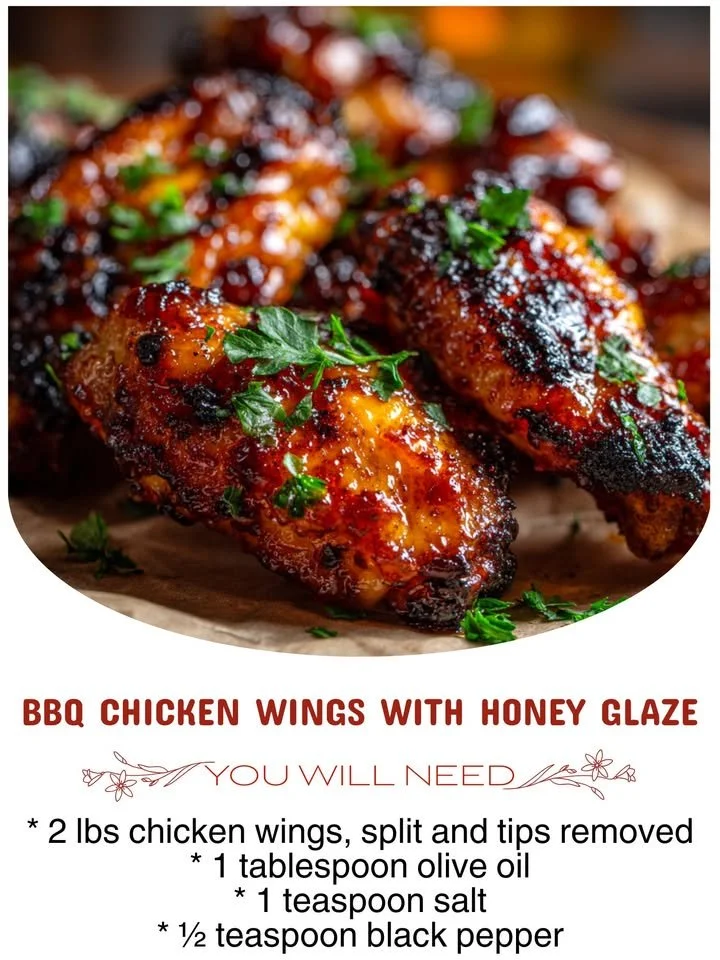BBQ chicken wings drizzled with honey glaze on a serving platter