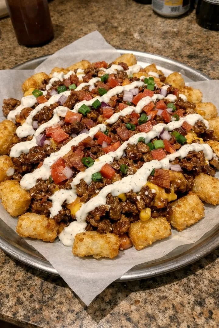 Savory BBQ Ranch Bacon Cheeseburger Tot Nachos Supreme topped with fresh ingredients