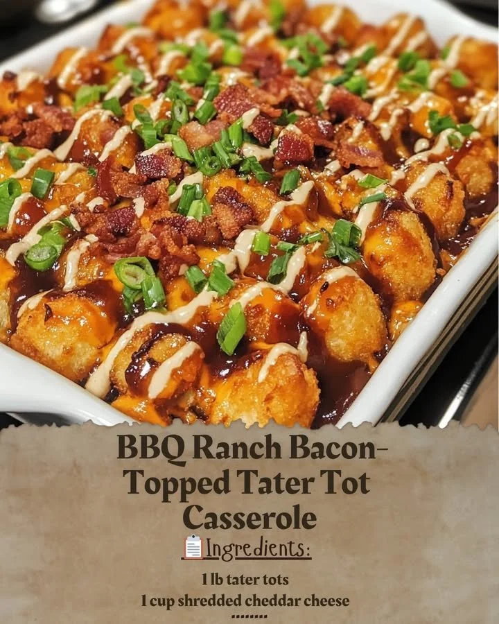BBQ Ranch Bacon-Topped Tater Tot Casserole in a serving dish