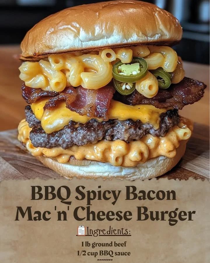 BBQ Spicy Bacon Mac 'n' Cheese Burger topped with grilled bacon and savory BBQ sauce