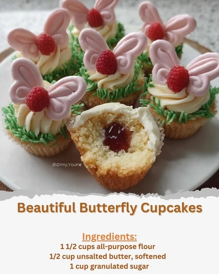 Beautiful butterfly cupcakes decorated with colorful icing and edible butterflies.
