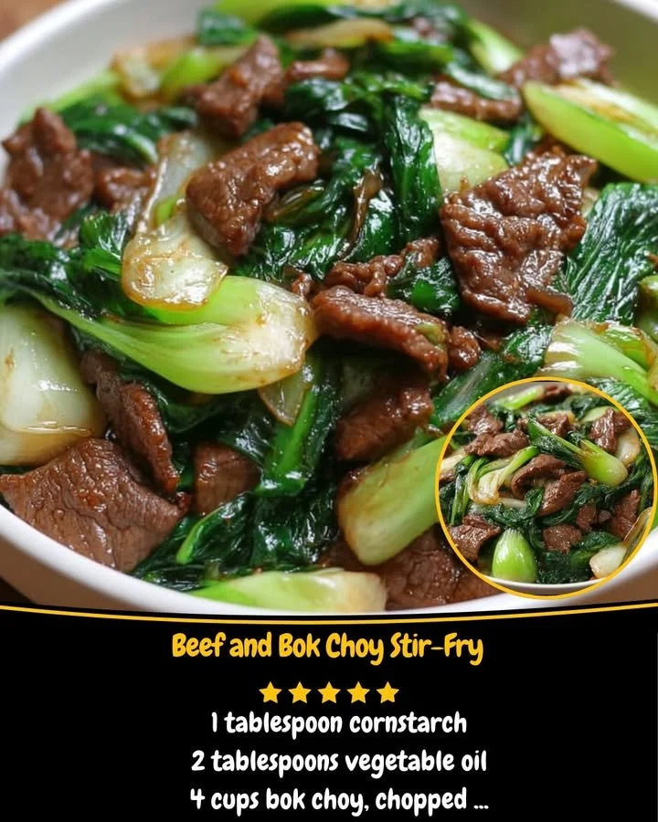 Beef and bok choy stir-fry served in a colorful dish