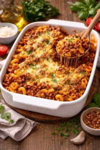 Hearty Beef and Macaroni Casserole dish served in a baking dish