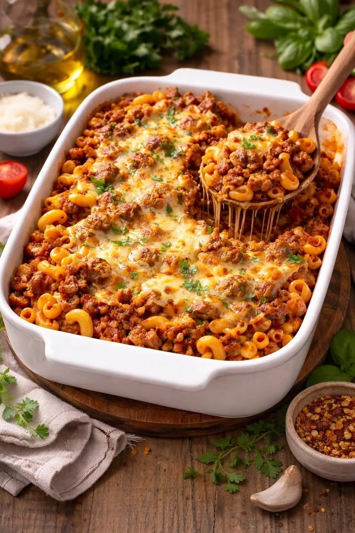 Hearty Beef and Macaroni Casserole dish served in a baking dish