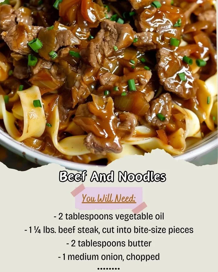 A plate of savory beef and noodles garnished with green onions and herbs.