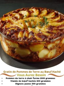 Delicious Beef and Potato Gratin topped with golden cheese and herbs.
