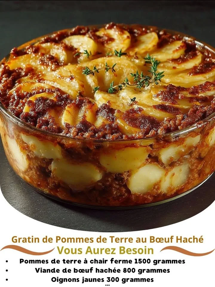 Delicious Beef and Potato Gratin topped with golden cheese and herbs.