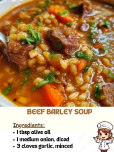 A bowl of hearty Beef Barley Soup with fresh vegetables and tender beef.