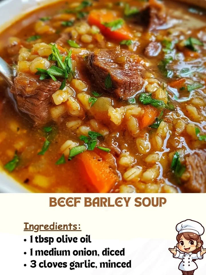 A bowl of hearty Beef Barley Soup with fresh vegetables and tender beef.
