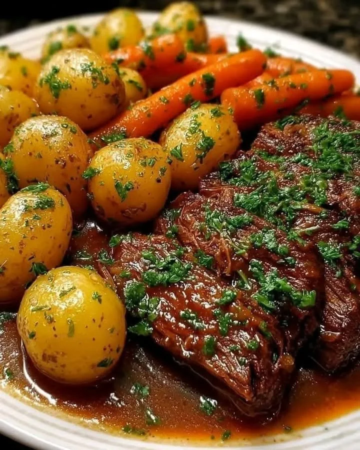 Delicious Beef Chuck Roast with seasonal vegetables served on a plate