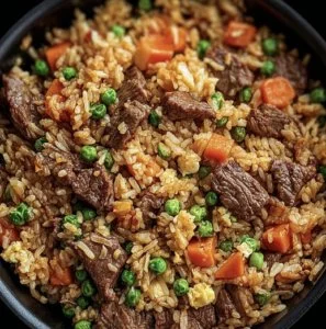 Delicious Beef Fried Rice served in a colorful bowl with veggies