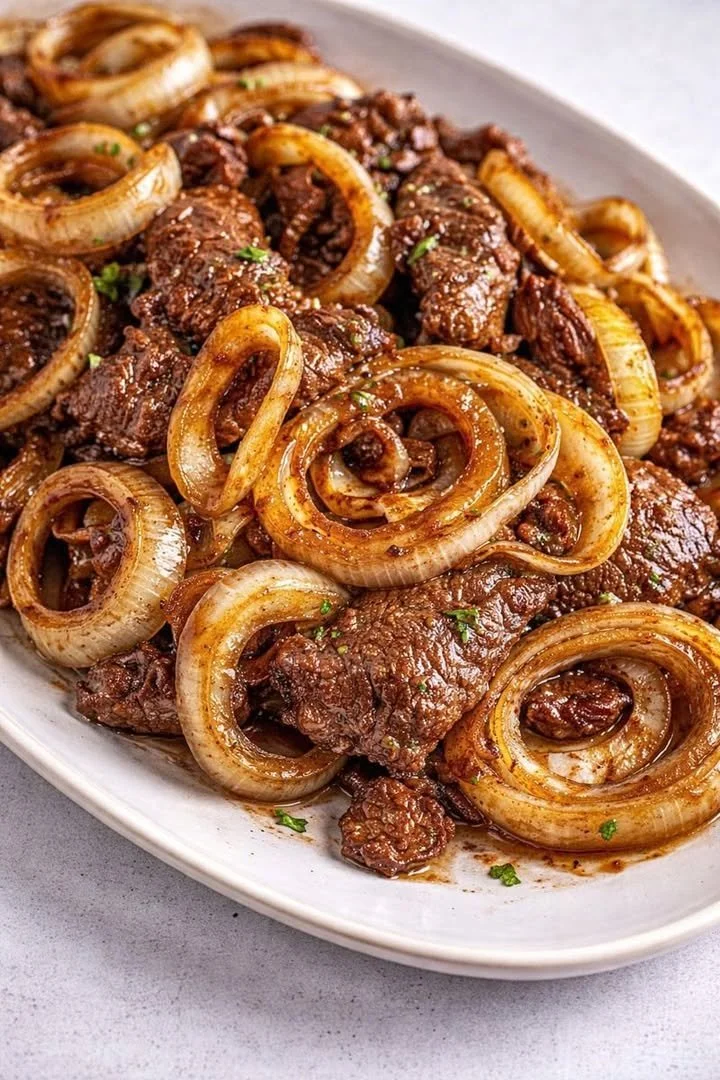 Plate of delicious beef liver and onions served with herbs