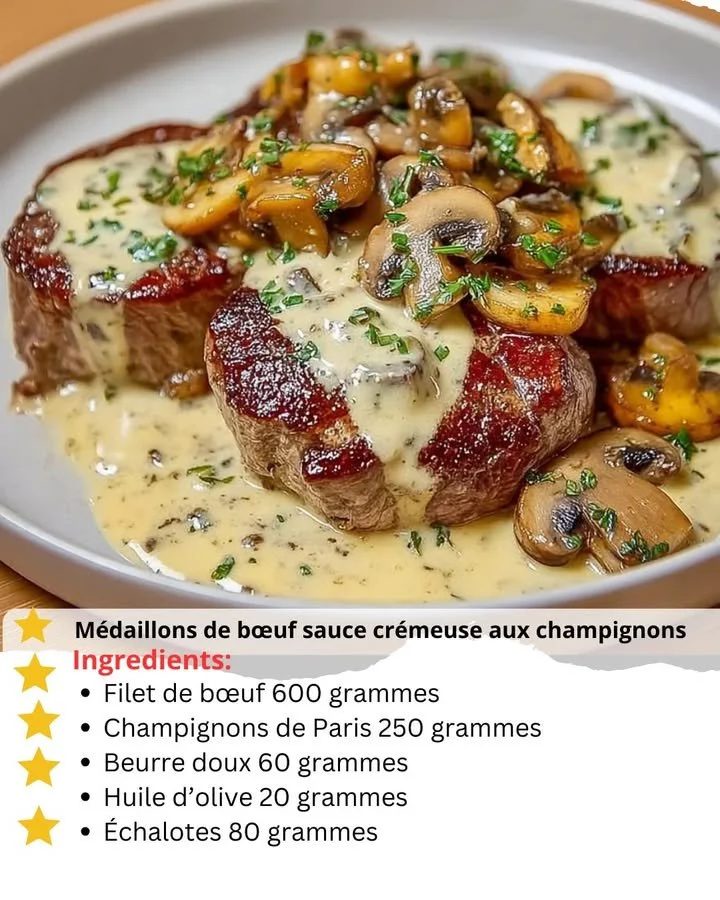 Beef medallions served with creamy mushroom sauce on a plate