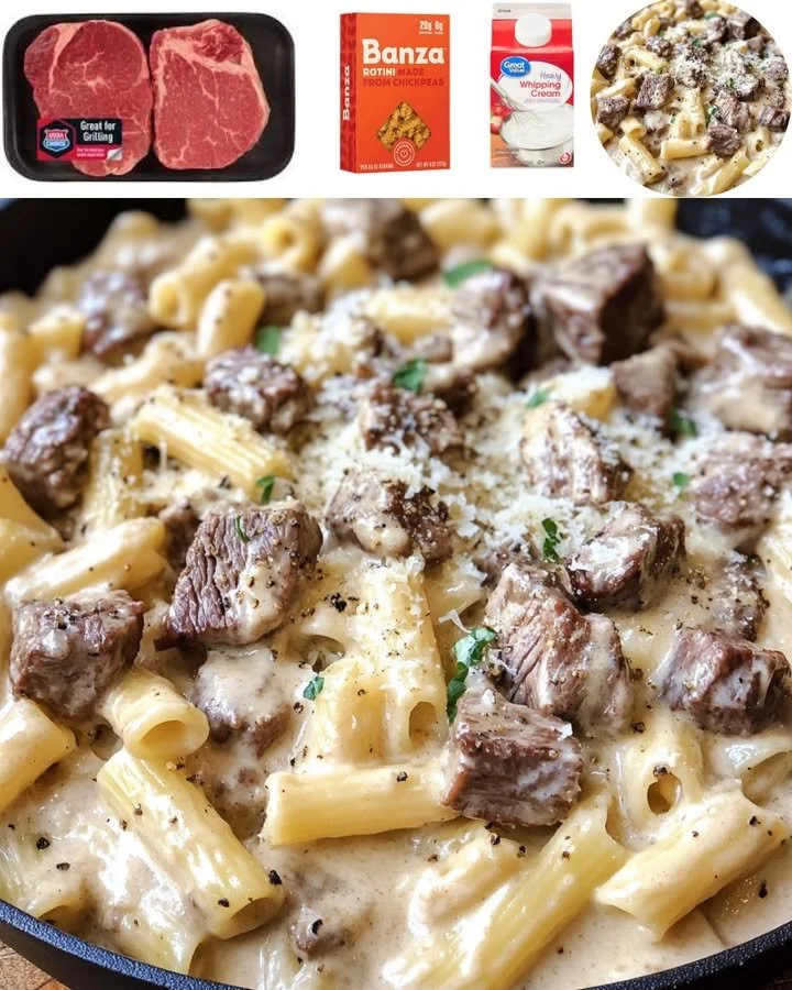 Delicious beef pasta in creamy garlic sauce served on a plate