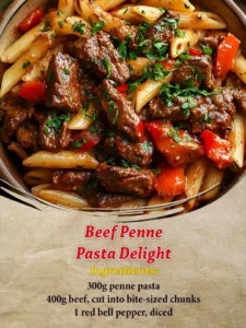 Delicious Beef Penne Pasta served in a bowl with herbs and spices.